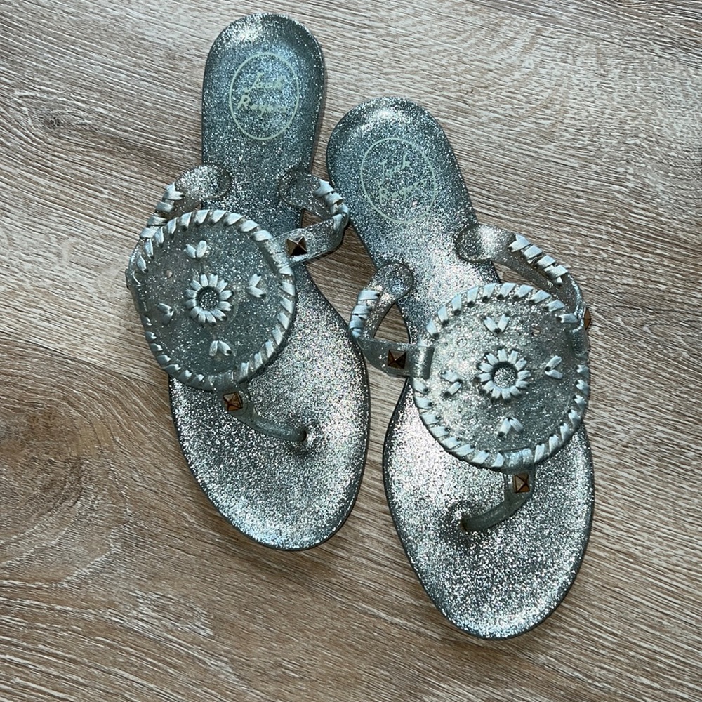 Jack Rogers Georgica Jelly silver sparkly rubber flip flops medallion 7 women’s